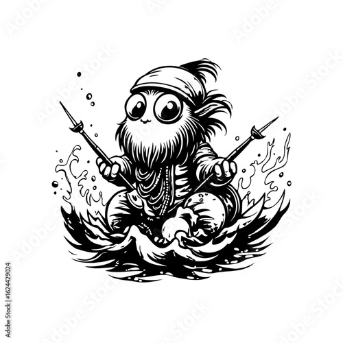 Whimsical Illustration of a Bearded Creature with Spears, Surrounded by Water and Splash, Artful Drawing