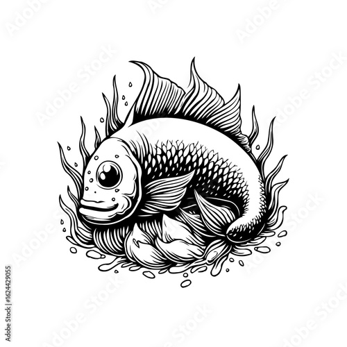 Stylized black and white fish illustration with flames and bubbles for design projects artwork featuring monochrome animals