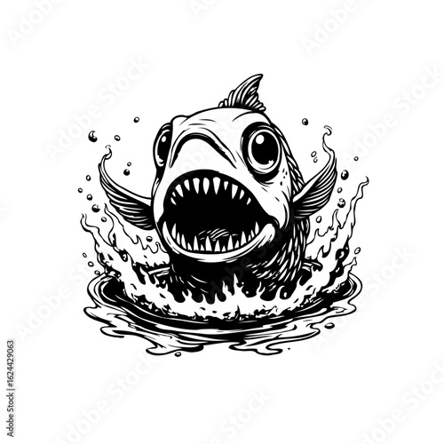 Stylized fish illustration bursting out of water in black and white ink drawing design artwork