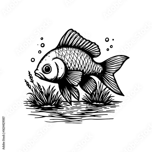 Detailed goldfish illustration with aquatic plants and water, a unique black and white design for artistic touch