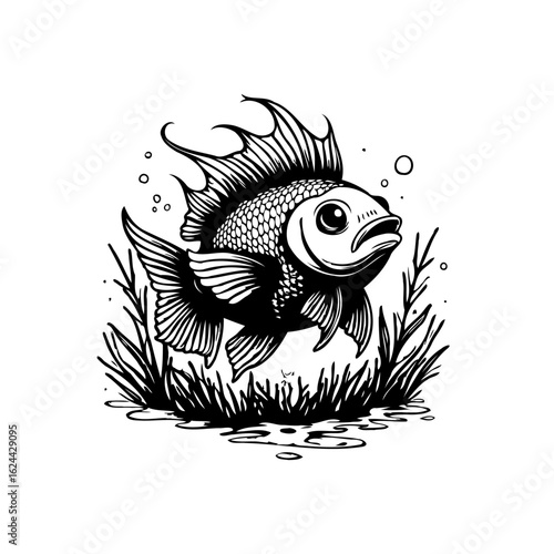 Black and white illustration of an angelfish surrounded by aquatic plants in a simple drawing style