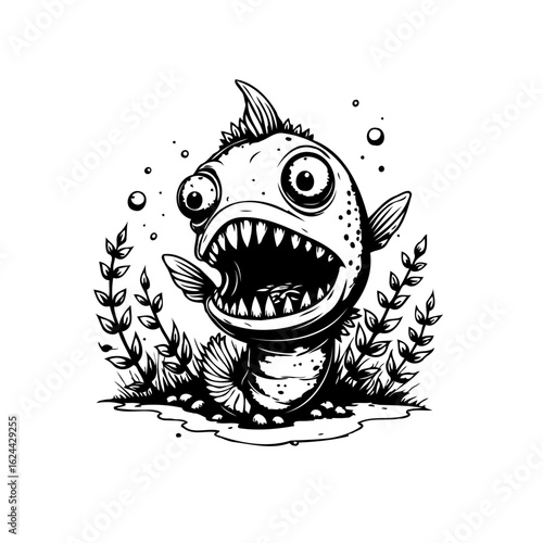 Cartoon fish illustration with exaggerated features and surprised expression in a whimsical underwater setting with bubbles