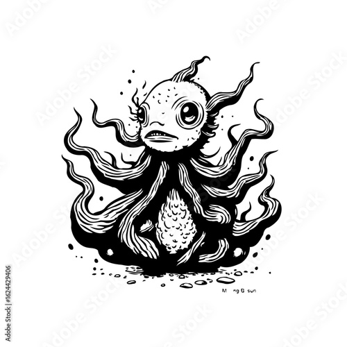 Black and white drawing of a stylized octopus fish hybrid creature in a unique design illustration