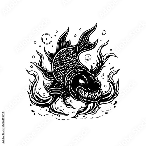 Intricate monochrome illustration showcasing an angry fantasy fish with flames, a unique creature design