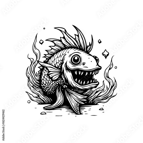 Stylized monochrome fish drawing featuring sharp teeth and aggressive expression with flame-like elements around it