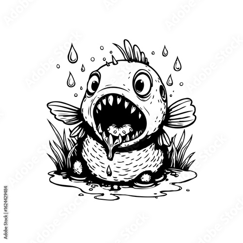 Humorous cartoon fish character with open mouth surrounded by water droplets and grass black and white illustration