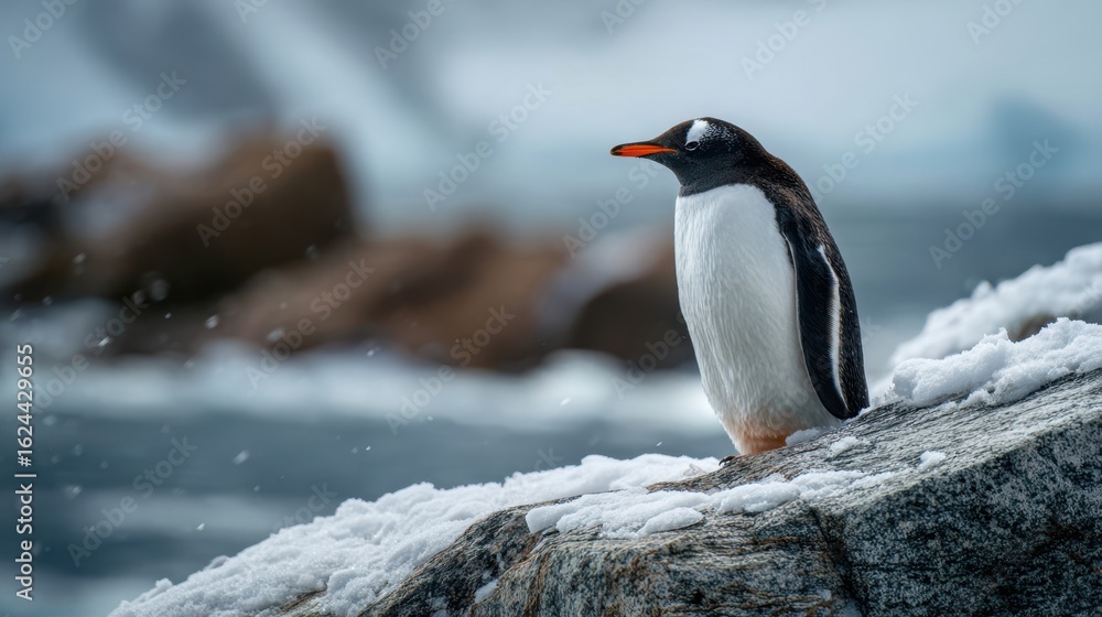 Naklejka premium The solitary penguin standing majestically on a snowy Antarctic rock.