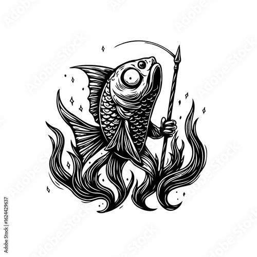 Whimsical illustration of a fish wielding a scythe amidst flames in a distinctive tattoo style drawing