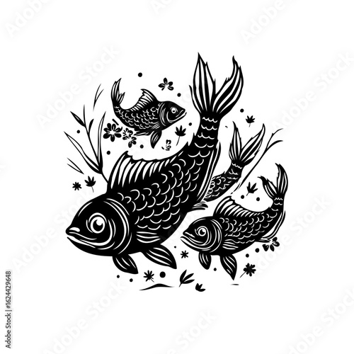 Monochrome fish illustration with decorative elements showcases aquatic life in a simple yet elegant style