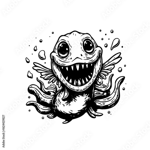 Whimsical creature fusion of fish octopus wings in black and white illustration art design