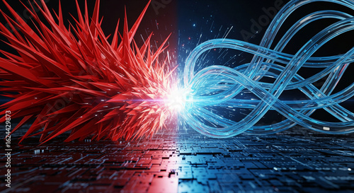 Futuristic confrontation between red and blue digital streams