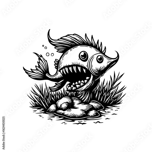 Cartoonish scary fish with a toothy grin on rocks creating a spooky underwater scene with bubbles