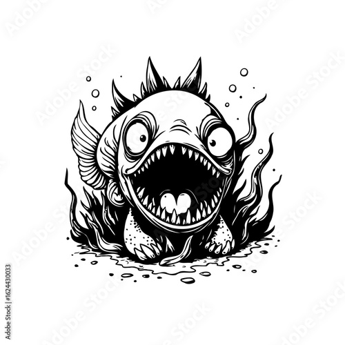 A whimsical, stylized cartoon of a comical sea monster with exaggerated features, standing amid weeds and bubbles