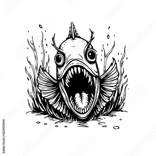 Monochromatic illustration of a fantastical fish with sharp teeth lurking amidst aquatic flora and fauna creating a captivating image