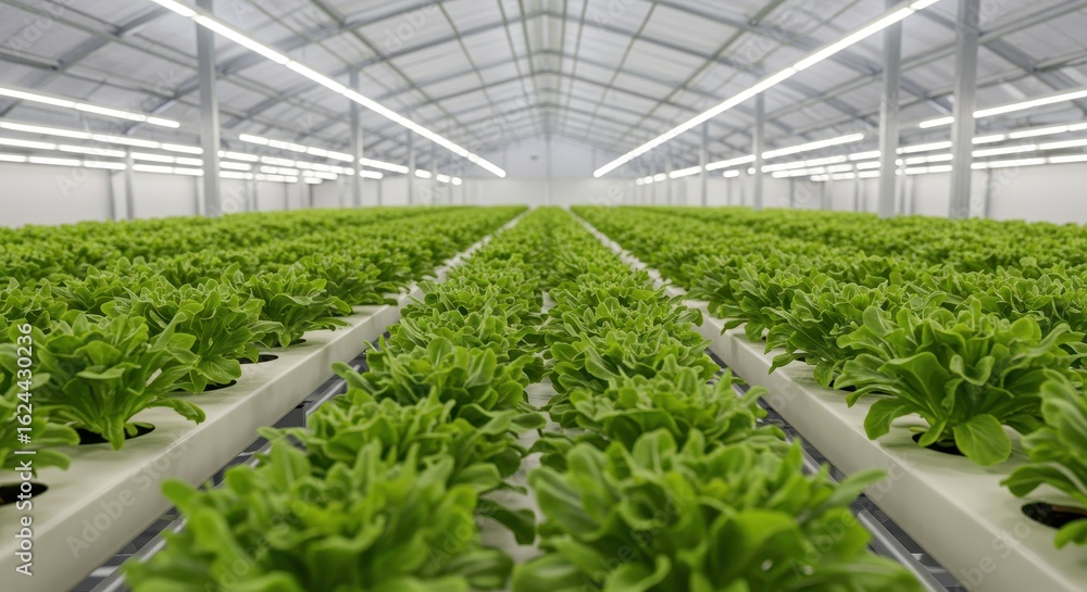 Lush Green Lettuce Growing in Modern Hydroponic Greenhouse with Rows of Healthy Plants under Bright Lights Lush Green Lettuce Growing in Modern Hydroponic Greenhouse with Rows of Healthy Plants under Bright Lights