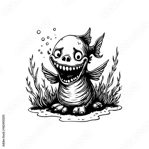 Cartoonish aquatic creature with exaggerated features illustration showcasing a blend of humor and dark fantasy
