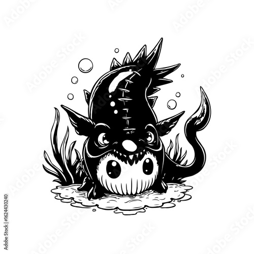 A cute yet slightly mischievous cartoon monster emerging from a whimsical puddle with bubbling excitement illustrated