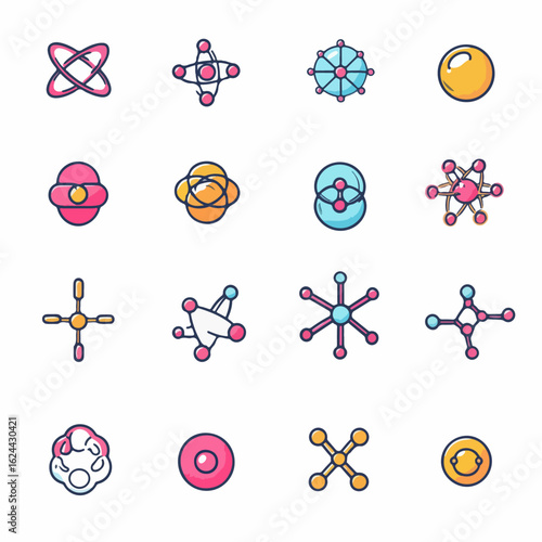 Collection of stylized icons representing atomic structures and molecules, perfect for scientific or educational materials