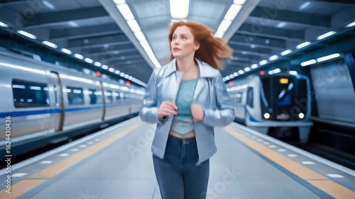 Wallpaper Mural A woman unleashes a beam of futuristic energy then runs determinedly along a modern train platform Torontodigital.ca