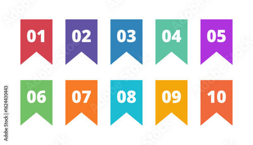 Colorful numbered bullet points or bookmarks from 01 to 10 representing list organization, task steps, progress markers, ranking, sequence, and digital navigation indicators