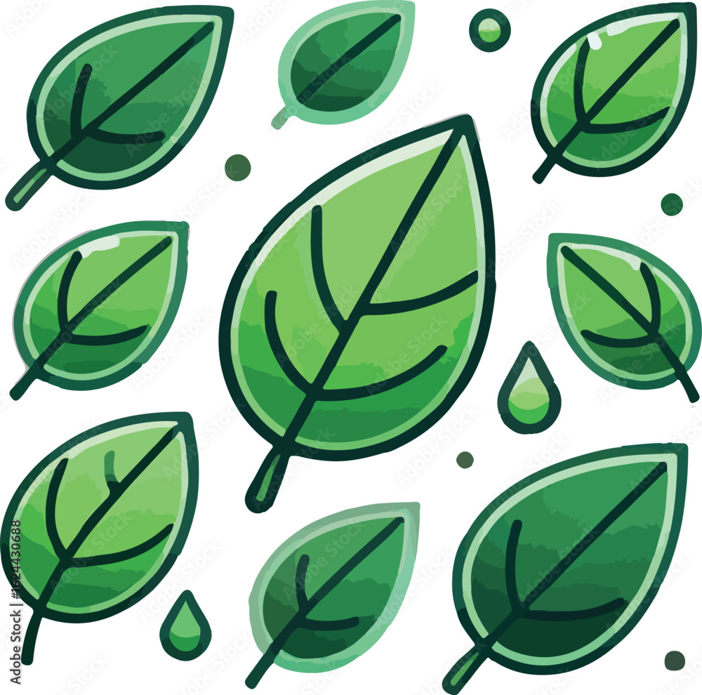 Naklejka premium Green leaves and water drops pattern leaf nature