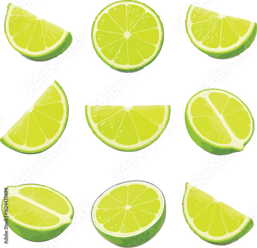 Nine lime slices and halves on white background citrus