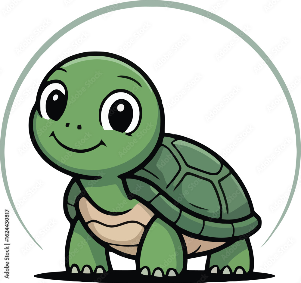 Fototapeta premium Cartoon Turtle Illustration with Circle Frame, Cheerful Expression and Playful Pose, Vector Art