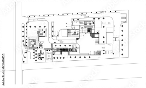 Vector sketch illustration of architectural engineering design drawing, detailed site plan, school landscape layout