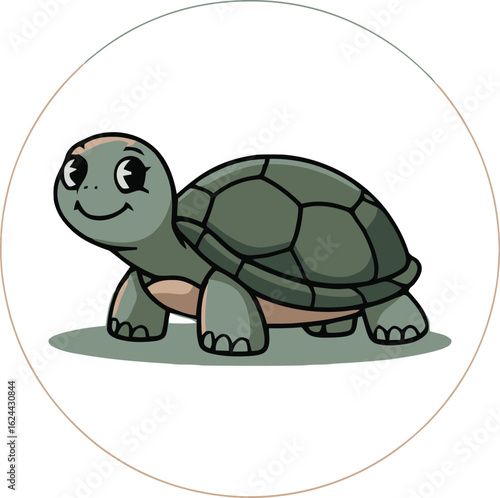 Cartoon Turtle Vector with Circle Frame, Calm Expression and Relaxed Stance, Isolated Design
