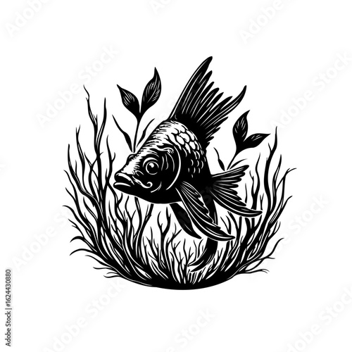 Elegant monochrome illustration of a fantail goldfish swimming amidst aquatic plants in a serene environment creating artistic beauty