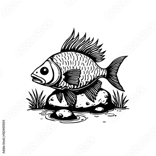 A captivating black and white illustration of a fish perched gracefully on rocks near grassy vegetation
