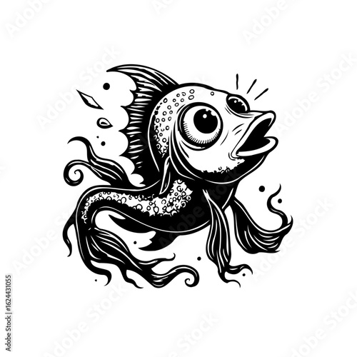 Cartoon fish with large eyes in black and white illustration expressing surprise on the deep ocean