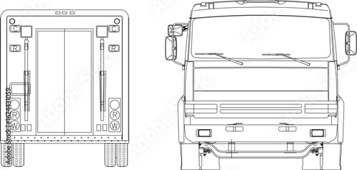 Vector sketch illustration of a fire engine vehicle design image seen from the front and back.