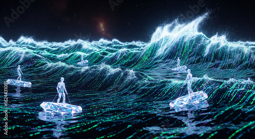 Digital avatars surfing on futuristic waves in a virtual ocean data at night