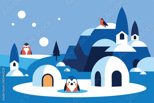 design a fantasy arctic village inhabited by peng.eps