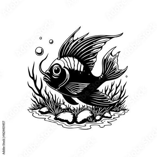 Detailed black and white illustration of a freshwater angelfish swimming in an aquatic environment with algae and bubbles