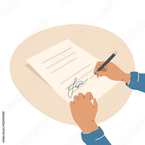 Hands hold a pen and write on paper. A person writes a letter, signs a document. The concept of an agreement, notarization of a document, signing a contract. Vector illustration in flat style.	