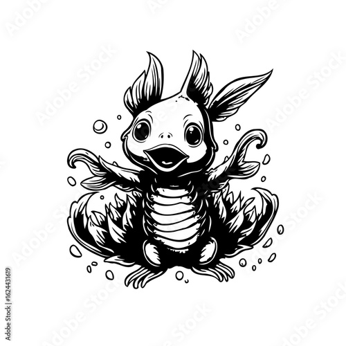 Whimsical creature illustration featuring a unique blend of avian and aquatic features a cute design