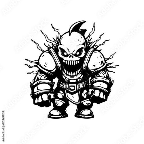A formidable stylized monster warrior illustration, showcasing intricate line work, creating an imposing fantasy creature character with detailed armor