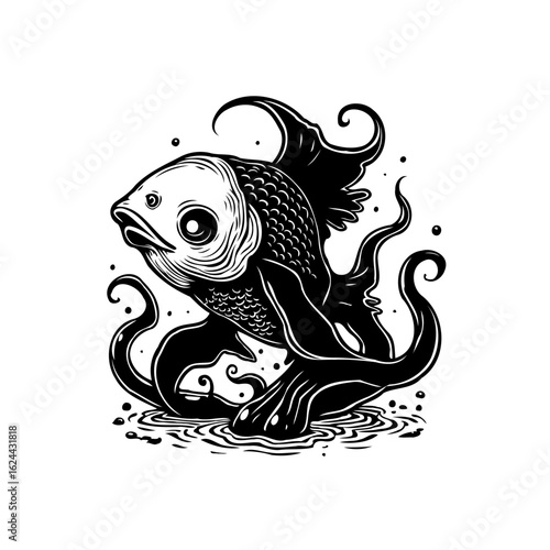 Elegant black and white illustration of a fanciful fish swimming in stylized water creation minimal