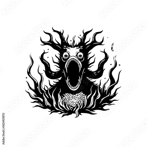 Illustration of a black and white spooky monster character with open mouth and antler crown