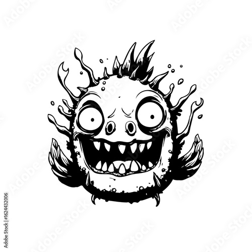 Cartoonish funny virus illustration design with black and white ink drawings that looks fun