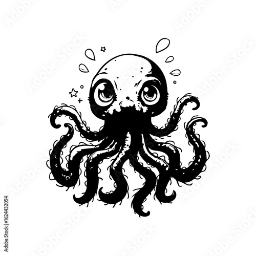 Charming cartoon octopus illustration with big eyes adorable sea creature black and white simplicity cute design