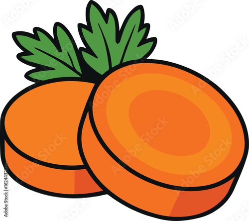 Two orange carrot slices with green leaves carrots