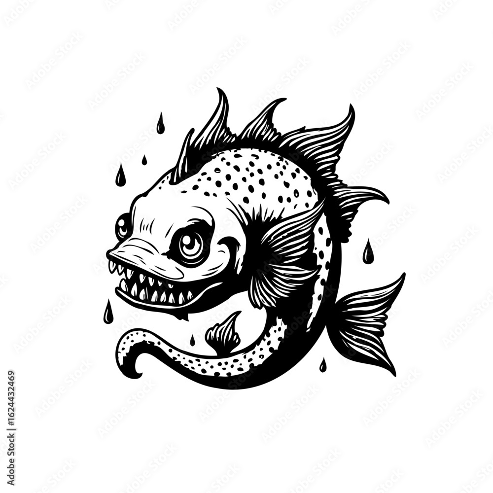Obraz premium Black and white illustration of a menacing fish with sharp teeth and ominous water droplets design