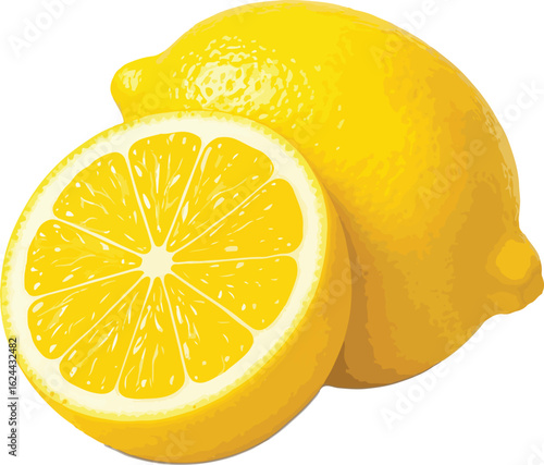 Two yellow lemons one whole one sliced citrus fruit