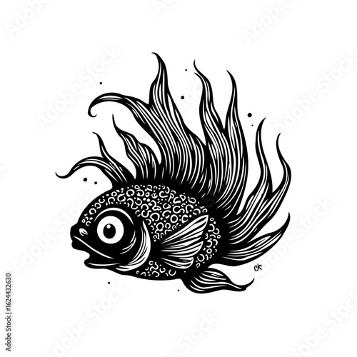 Monochrome fantasy fish illustration: A whimsical creature with flowing fins and unique patterns in an artful design