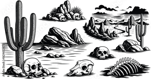 A black and white illustration of a desert landscape with cacti and skulls in the foreground