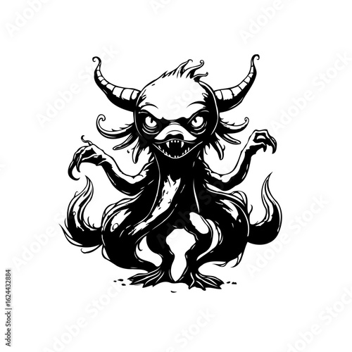 Cartoonish black and white illustration of a creepy multi armed monster with horns and fangs