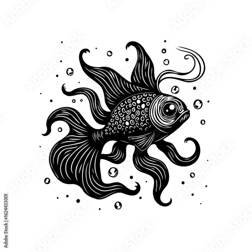 Elegant and whimsical vector illustration of a fantail goldfish swimming gracefully among air bubbles design